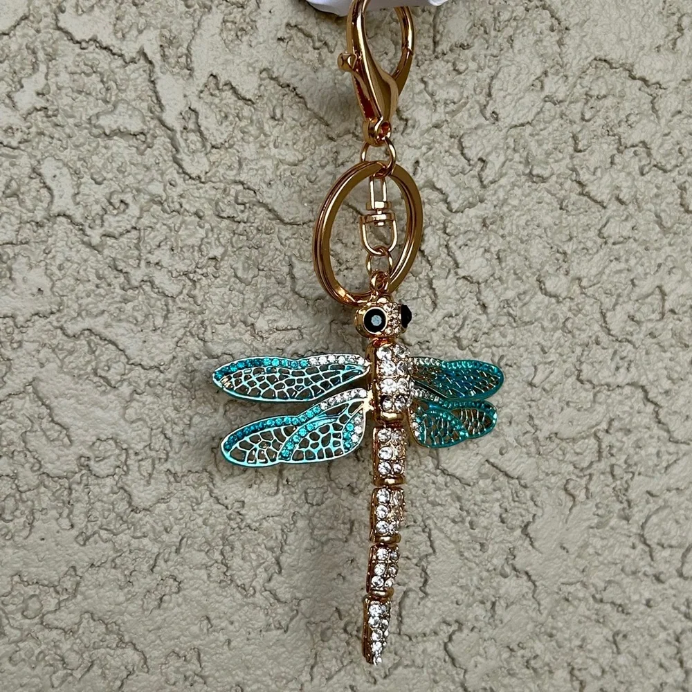 Sparkling Teal & Gold Dragonfly Keychain/Bag Charm